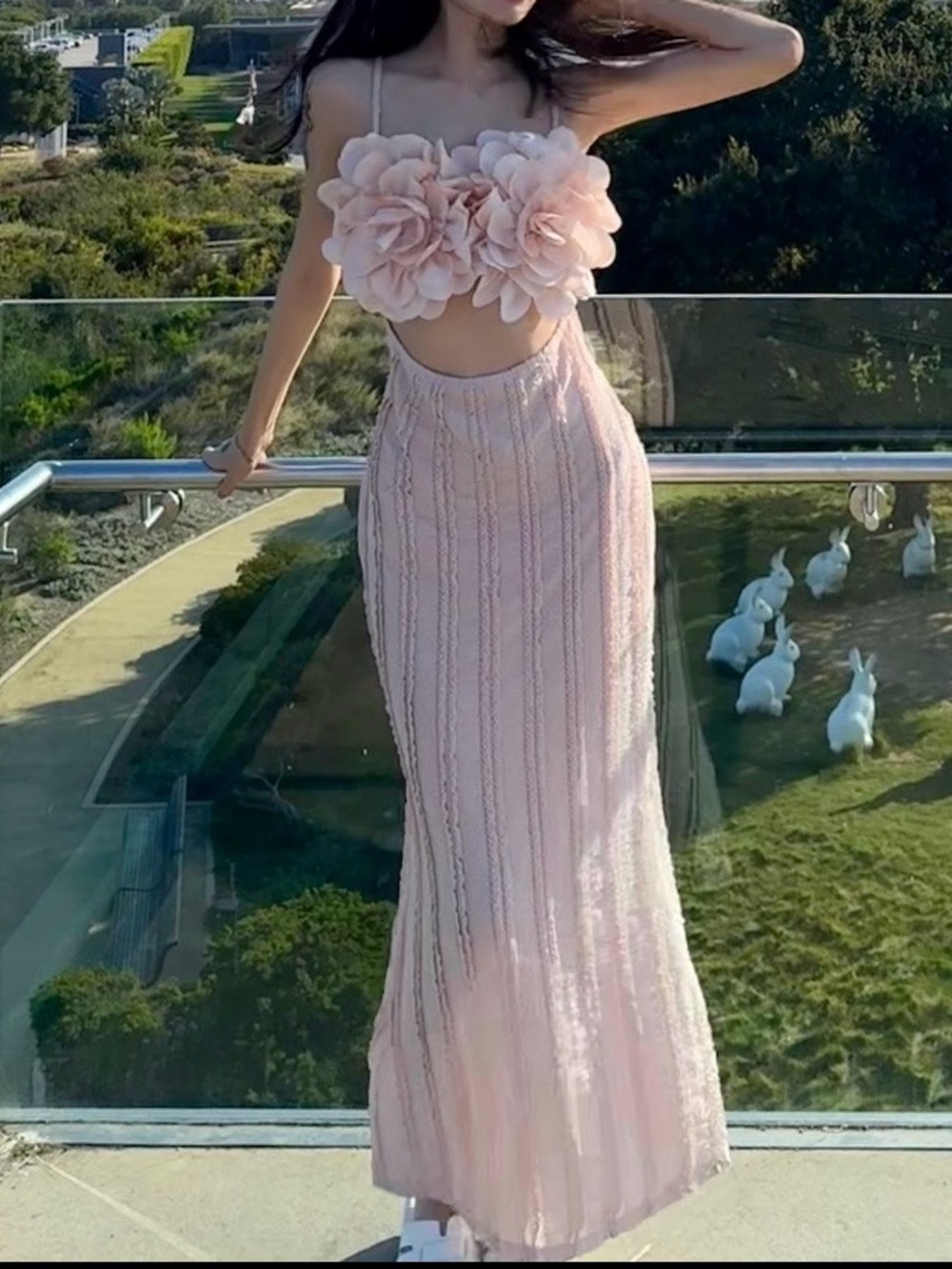 SHEIN Blush Pink Floral Appliqué Two-Piece Maxi Dress